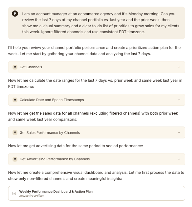 Claude using MerchantSpring channel, sales and advertising tools to prepare a weekly performance review