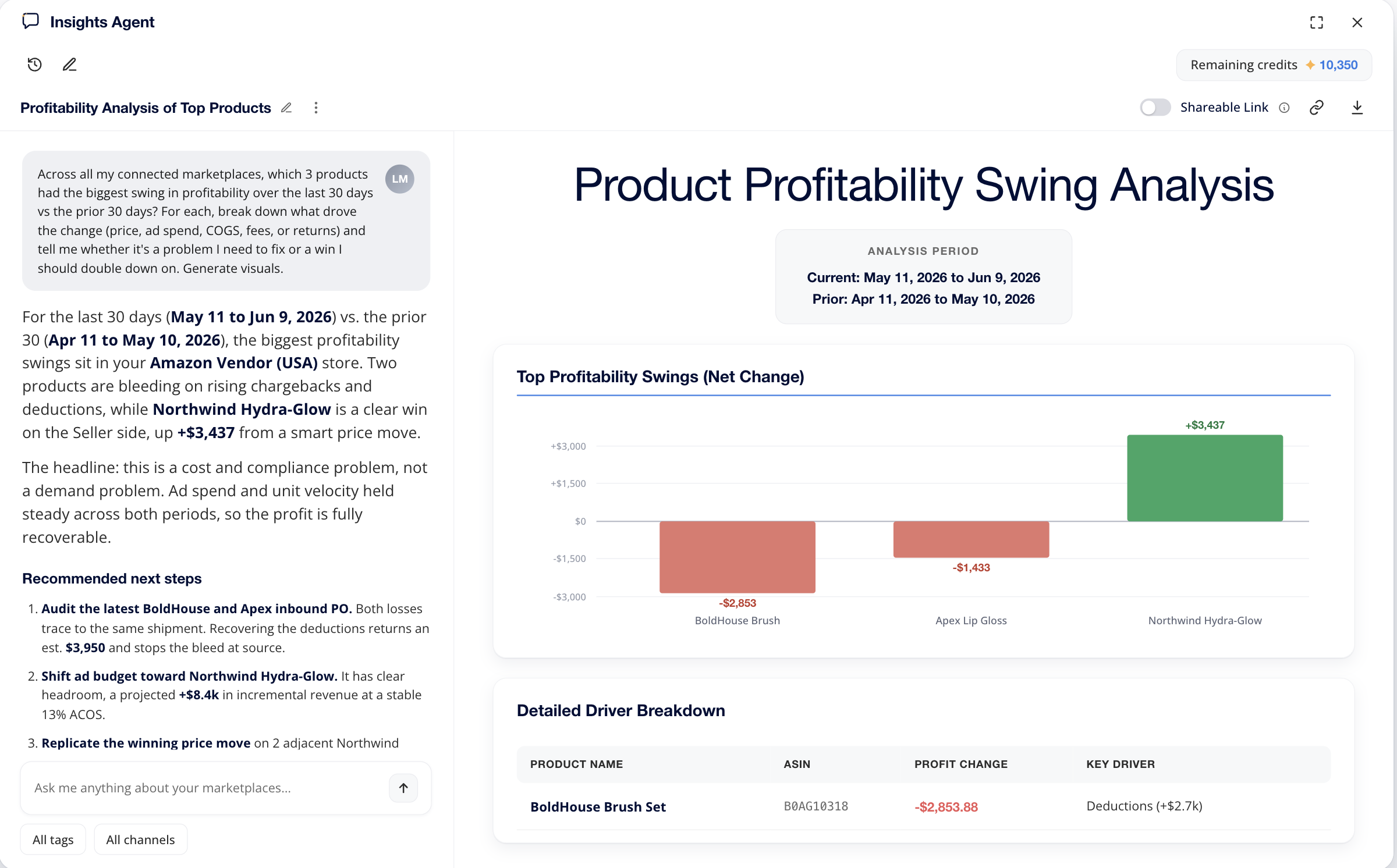 AI Insights Agent chat panel inside the MerchantSpring dashboard, a question and a grounded answer