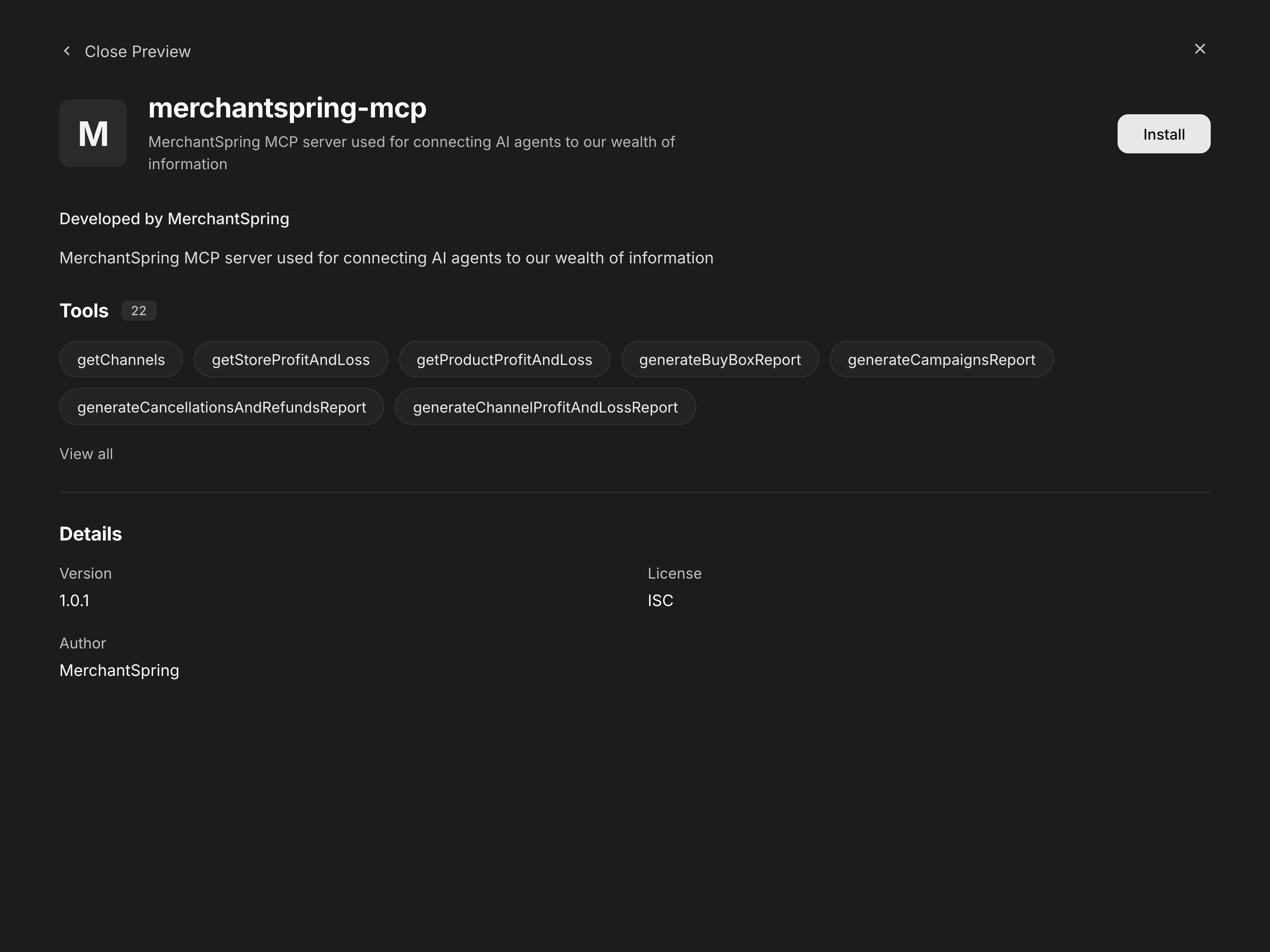 MerchantSpring MCP - One-click setup in Claude Desktop showing .mcpb install
