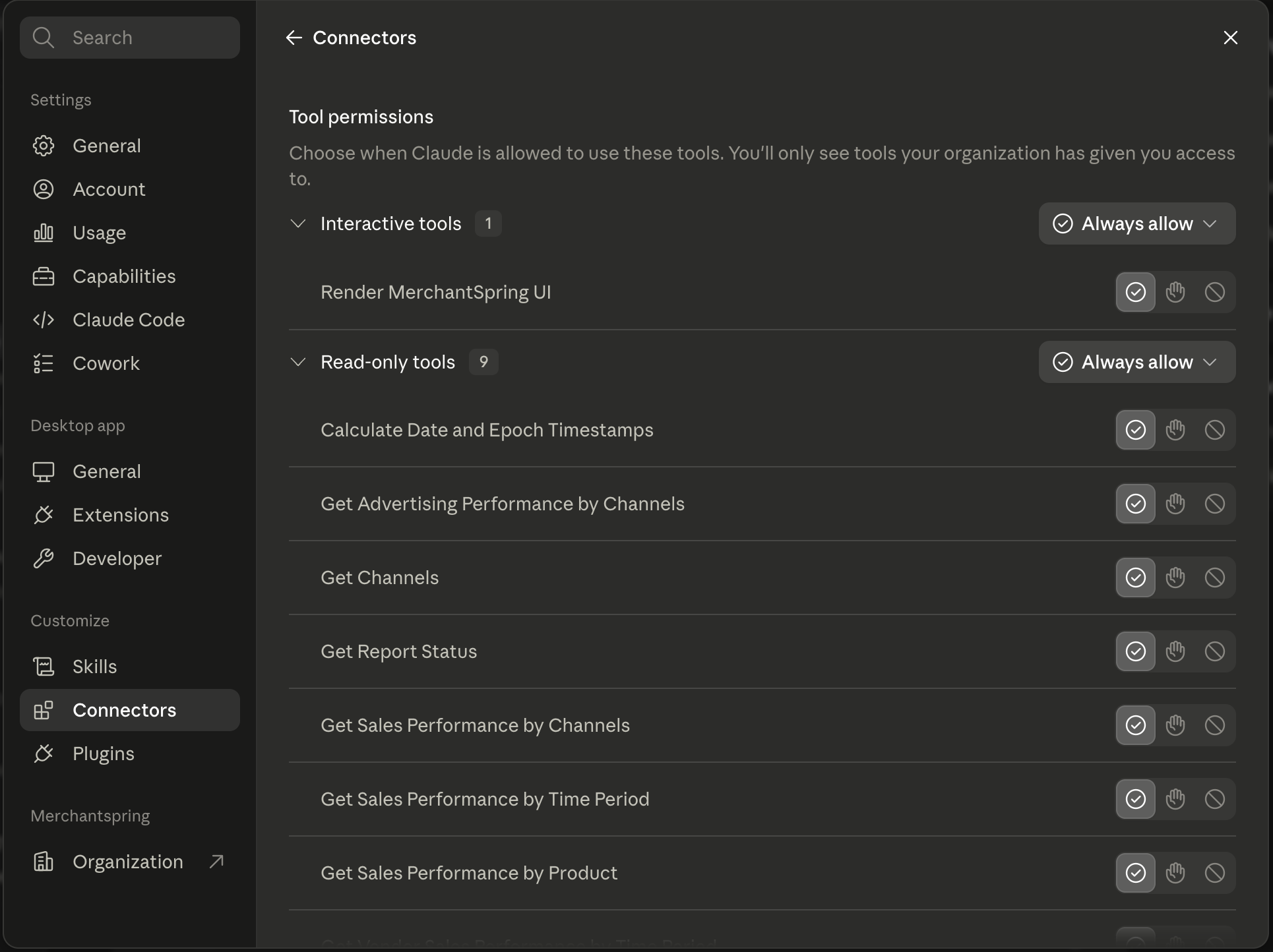 MerchantSpring MCP connected to an AI assistant
