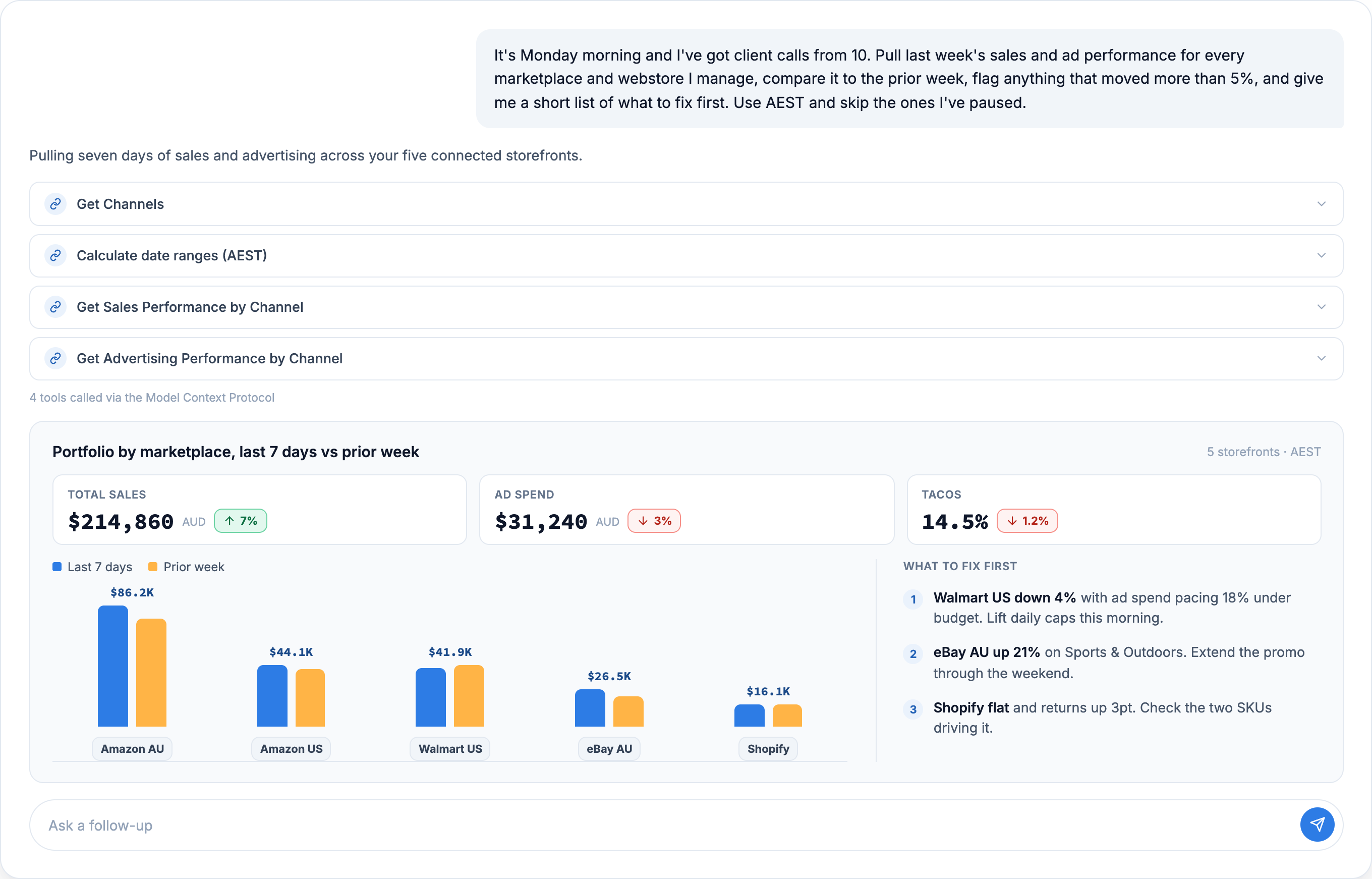 MerchantSpring MCP connected to an AI assistant